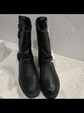 Ross & Snow Lucky Moto Boots Leather Shearling Buckle Black Size 10 NEW